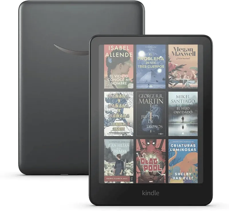 Kindle Colorsoft negro, frontal con portadas a color y trasera